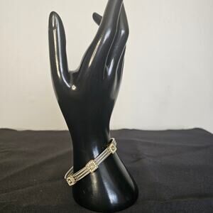 Cable Wire Bracelet w/ Gold Tone Rhinestone Stations – Modern Two-Tone Bangle